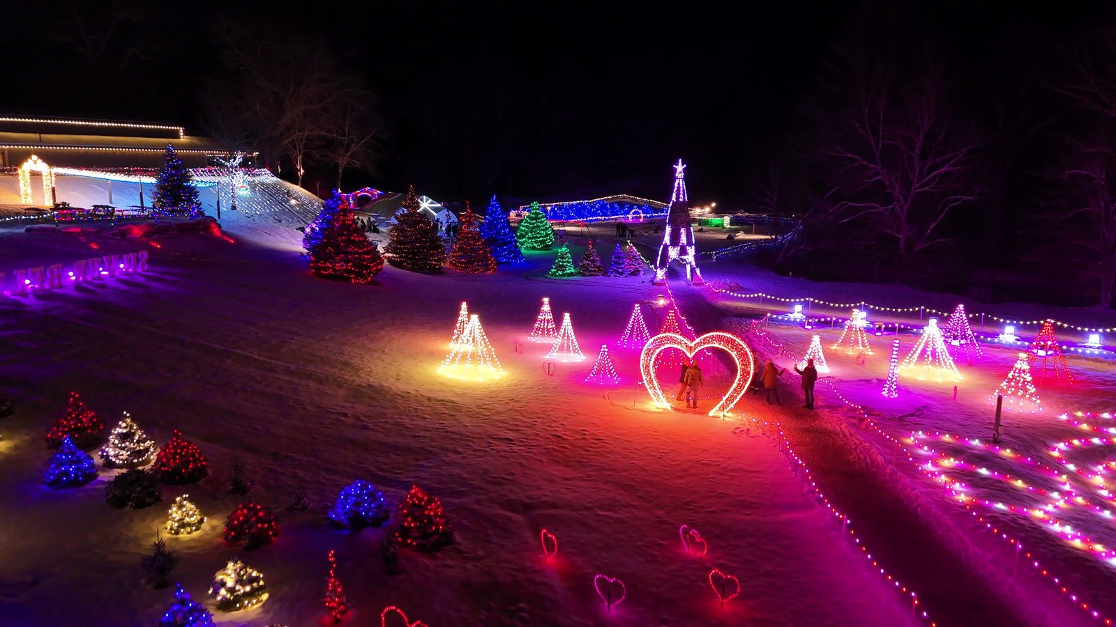 Holiday light display at night from above